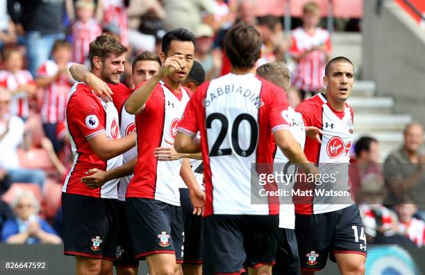 Jack Stephens of Southampton celebrates during the pre-season friendly between Southampton FC and Sevilla at St. Mary's Stadium on August 5, 2017 in...