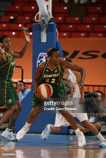 Sheryl Swoopes of the Seattle Storm posts up while defended by K.B. Sharp of the Chicago Sky during the WNBA game on September 4, 2008 at the UIC...
