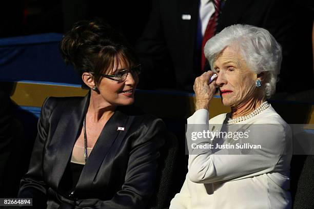 Republican U.S vice-presidential nominee Alaska Gov. Sarah Palin looks at Roberta McCain, mother of Republican U.S presidential nominee U.S. Sen....