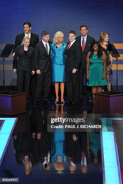 Cindy McCain, wife of Republican presidential nominee, stands on stage with her children during the Republican National Convention 2008 at the Xcel...