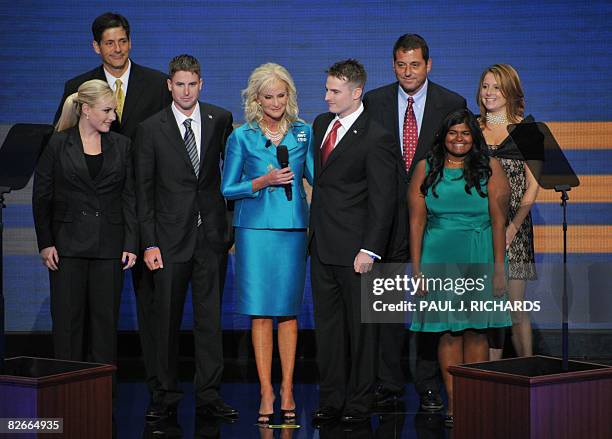 Cindy McCain, wife of Republican presidential nominee, stands on stage with family members during the Republican National Convention 2008 at the Xcel...