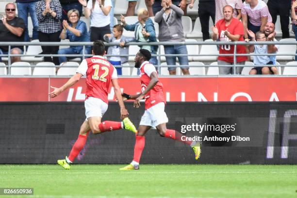 Pablo Cavarria of Reims celebrates his second goal during the French Ligue 2 match between Reims and Orleans at Stade Auguste Delaune on August 5,...