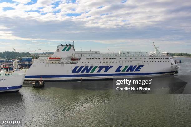 Unity Line Polonia ferry sitting at the Swinoujscie ferry terminal in Swinoujscie port is seen on 30 July 2017 in Swinoujscie, Poland