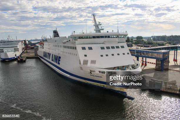 Unity Line Polonia ferry sitting at the Swinoujscie ferry terminal in Swinoujscie port is seen on 30 July 2017 in Swinoujscie, Poland