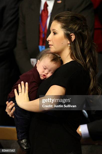 Bristol Palin, daughter of Republican U.S vice-presidential nominee Alaska Gov. Sarah Palin, holds brother Trig Palin on day four of the Republican...