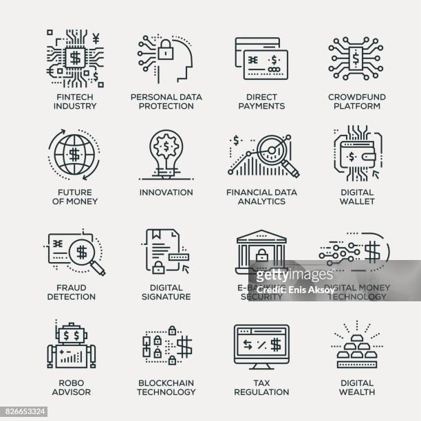 fintech industry icon set - line series - crowd funding stock illustrations