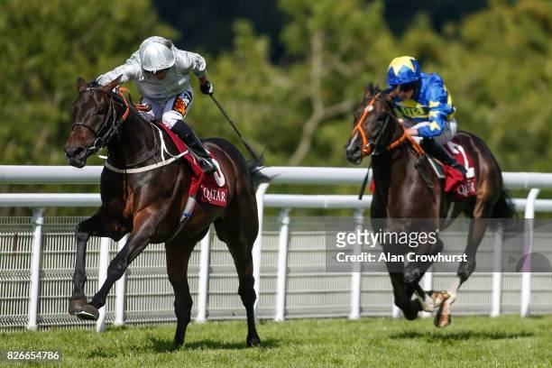 Silvestre De Sousa riding Dee Ex Bee win The Qatar EBF Stallions Maiden Stakes on day five of the Qatar Goodwood Festival at Goodwood racecourse on...