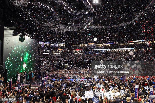 Balloons and confetti drop from the ceiling at the end of Republican U.S presidential nominee U.S. Sen. John McCain's speech on day four of the...