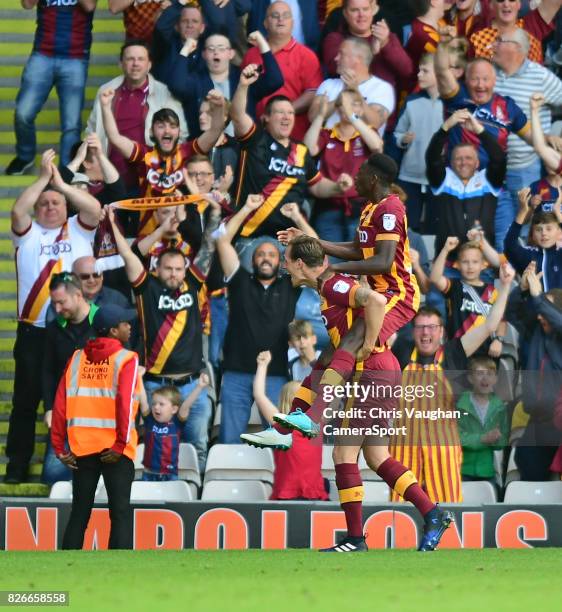 Bradford City's Omari Patrick, right, celebrates scoring his side's second goal with team-mate Matthew Kilgallon during the Sky Bet League One match...