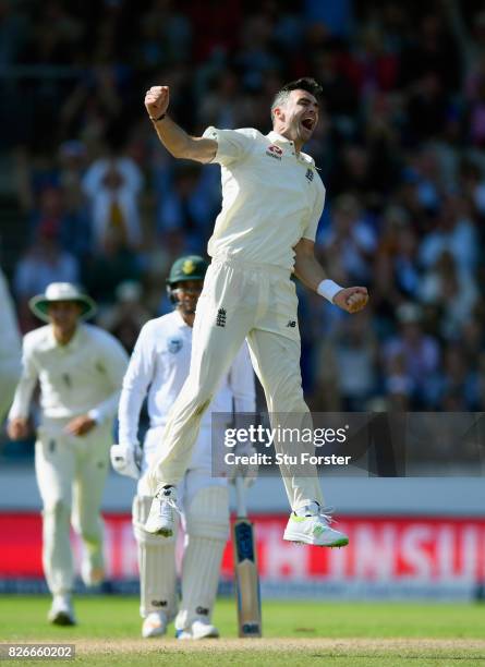 England bowler James Anderson celebrates after bowling South Africa batsman Faf du Plessis during day two of the 4th Investec Test match between...