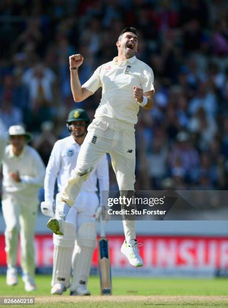 England bowler James Anderson celebrates after bowling South Africa batsman Faf du Plessis during day two of the 4th Investec Test match between...