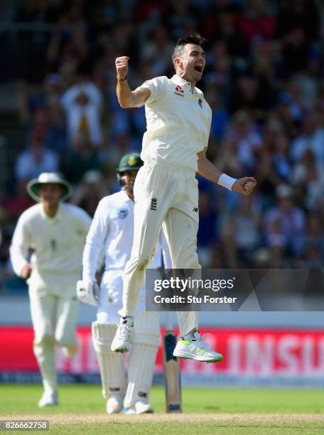 England bowler James Anderson celebrates after bowling South Africa batsman Faf du Plessis during day two of the 4th Investec Test match between...