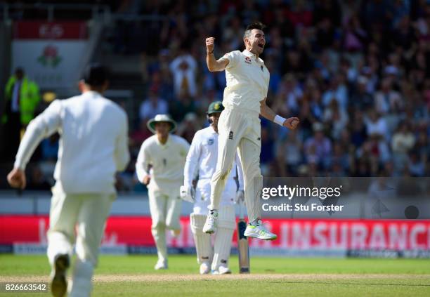 England bowler James Anderson celebrates after bowling South Africa batsman Faf du Plessis during day two of the 4th Investec Test match between...