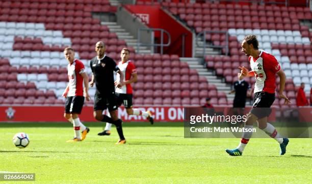 Manolo Gabbiadini scores Southampton's second during the pre-season friendly between Southampton FC and Sevilla at St. Mary's Stadium on August 5,...