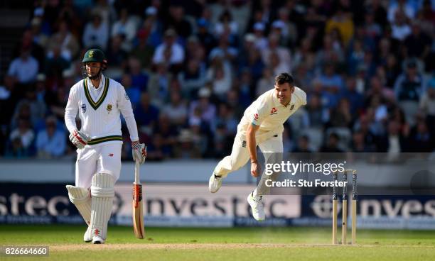 England bowler James Anderson in action during day two of the 4th Investec Test match between England and South Africa at Old Trafford on August 5,...