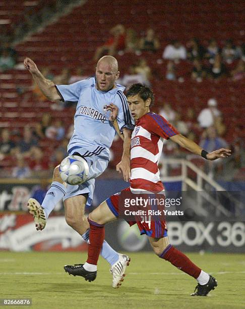 Conor Casey of the Colorado Rapids blocks a pass to Eric Avila of the FC Dallas on September 4, 2008 at Pizza Hut Park in Frisco, Texas.