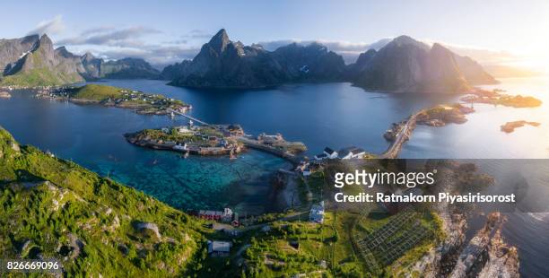aerial panorama of lofoten in summer, norway - cabin norway stock pictures, royalty-free photos & images