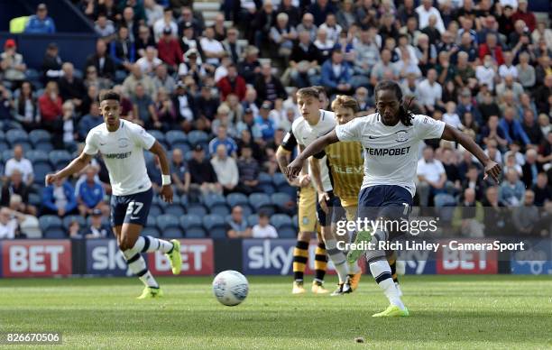 Preston North End's Daniel Johnson scores the opening goal from the penalty spot during the Sky Bet Championship match between Preston North End and...
