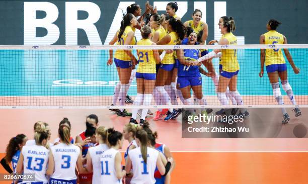 Players of Brazil celebrate during 2017 Nanjing FIVB World Grand Prix Finals between Brazil and Serbia on August 5, 2017 in Nanjing, China.