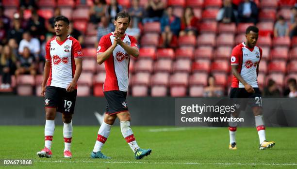 Manolo Gabbiadini applaudes fans after scoring Southampton's second during the pre-season friendly between Southampton FC and Sevilla at St. Mary's...