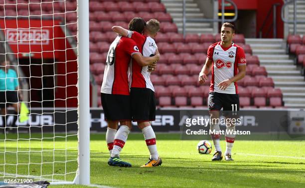 Manolo Gabbiadini celebrates after scoring Southampton's second during the pre-season friendly between Southampton FC and Sevilla at St. Mary's...