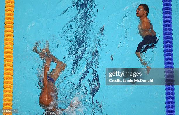 Christopher Tronco Sanchez of Mexico swims during a training session prior to tommorows Beijing Paralympic Games Opening ceremony at the National...