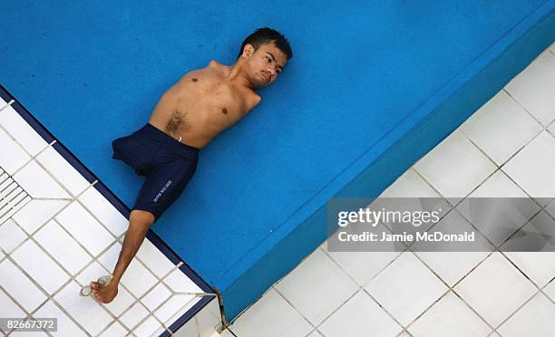 Christopher Tronco Sanchez of Mexico takes a break during a training session prior to tommorows Beijing Paralympic Games Opening ceremony at the...