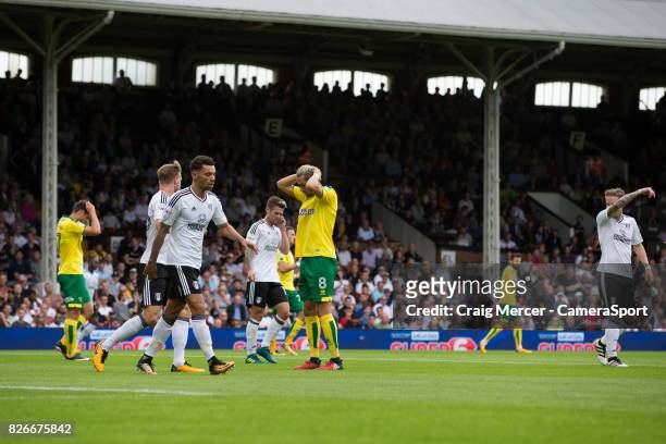 Norwich City's Mario Vrancic reacts after a missed chance during the Sky Bet Championship match between Fulham and Norwich City at Craven Cottage on...