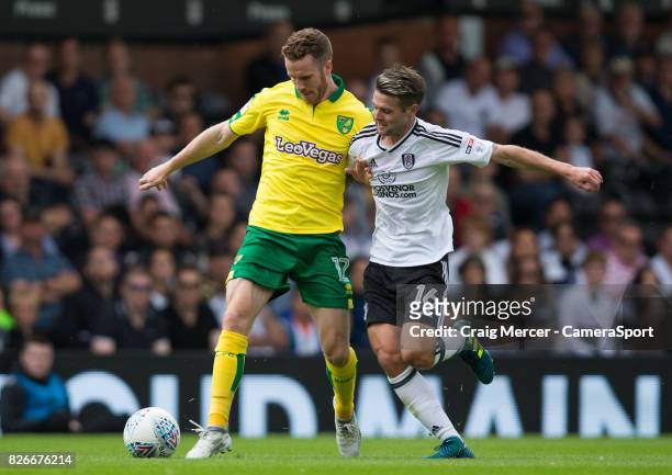 Norwich City's Marley Watkins vies for possession with Fulham's Oliver Norwood during the Sky Bet Championship match between Fulham and Norwich City...