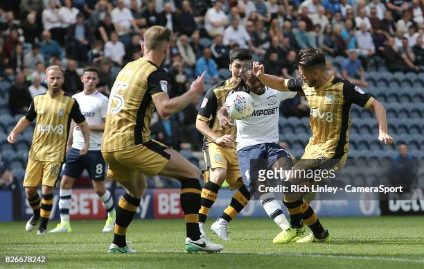 Preston North End's Daniel Johnson under pressure just outside the penalty area during the Sky Bet Championship match between Preston North End and...