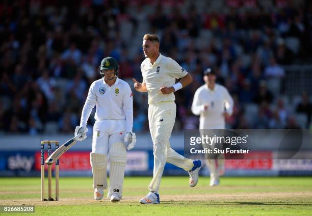 England bowler Stuart Broad celebrates after dismissing Quinton de Kock during day two of the 4th Investec Test match between England and South...