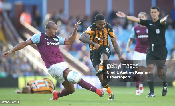 Hull City's Abel Hernandez shoots at goal during the Sky Bet Championship match between Aston Villa and Hull City at Villa Park on August 5, 2017 in...