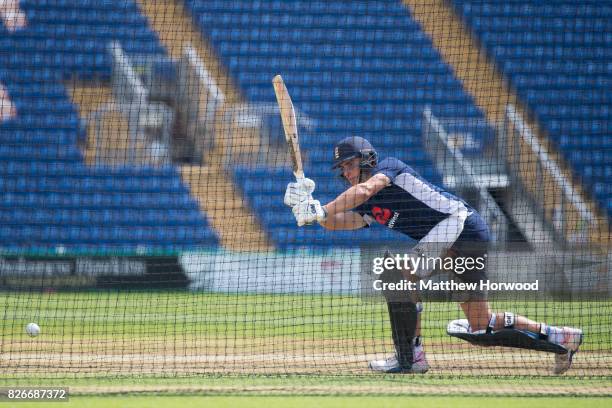 Will Jacks bats in the nets during England U19 cricket training at the SSE Swalec Stadium on August 5, 2017 in Cardiff, Wales. The Royal...