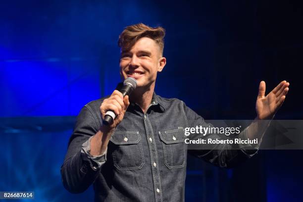 British stand-up comedian Ed Gamble performs on stage during the Pleasance press launch at Pleasance Courtyard during the annual Edinburgh Fringe...