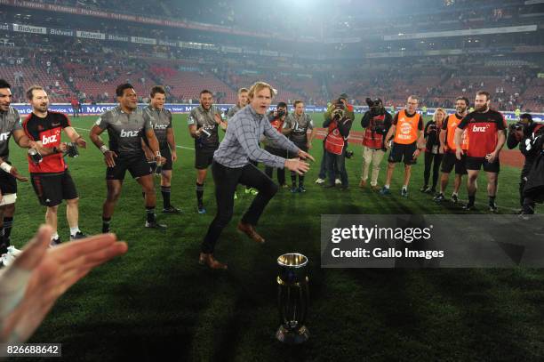 Crusaders celebrate their victory during the Super Rugby Final match between Emirates Lions and Crusaders at Emirates Airline Park on August 05, 2017...