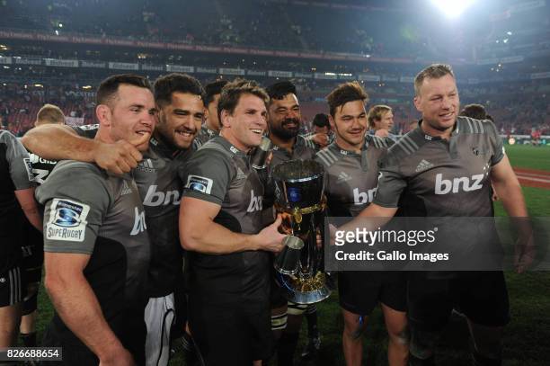 Crusaders celebrate their victory during the Super Rugby Final match between Emirates Lions and Crusaders at Emirates Airline Park on August 05, 2017...