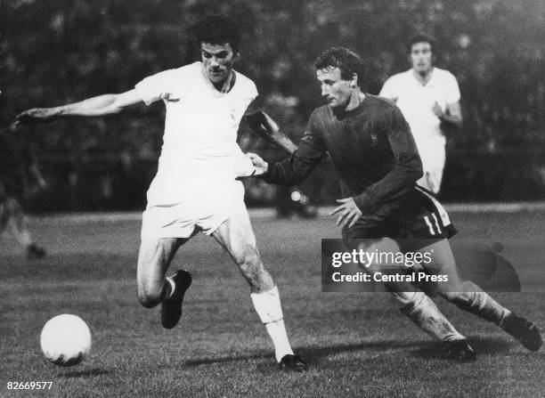 Peter Houseman of Chelsea moves in to tackle a Real Madrid player during the UEFA Cup Winners' Cup final at the Karaiskakis Stadium, Piraeus, 19th...