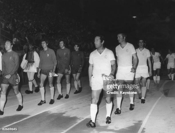 The Chelsea and Real Madrid teams enter the Karaiskakis Stadium, Piraeus, before the UEFA Cup Winners' Cup final, 19th May 1971. Chelsea are led out...