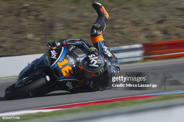 Andrea Migno of Italy and Sky Racing Team VR46 crashed out during the MotoGp of Czech Republic - Qualifying at Brno Circuit on August 5, 2017 in...