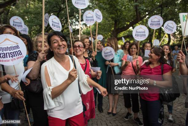 Women protested in Kugulu Park in Ankara, Turkey Saturday, 5 August 2017 to demand right to dress as they wish in public. The protesters make a point...