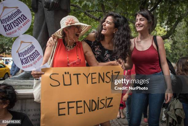 Women protested in Kugulu Park in Ankara, Turkey Saturday, 5 August 2017 to demand right to dress as they wish in public. The protesters make a point...