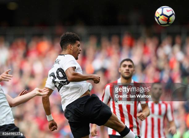 Dominic Solanke of Liverpool scores their teams third goal during the Pre Season Friendly match between Liverpool and Athletic Club at Aviva Stadium...