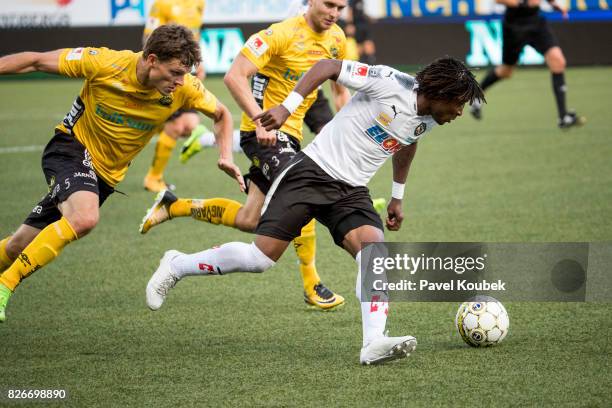 Jorgen Horn of IF Elfsborg Kennedy Igboananike of Orebro SK during the Allsvenskan match between Orebro SK and IF Elfsborgs at Behrn Arena on August...