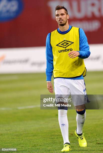 Warm up Morgan Schneiderlin reacts during the UEFA Europa League Qualifier between MFK Ruzomberok and Everton on August 3, 2017 in Ruzomberok,...