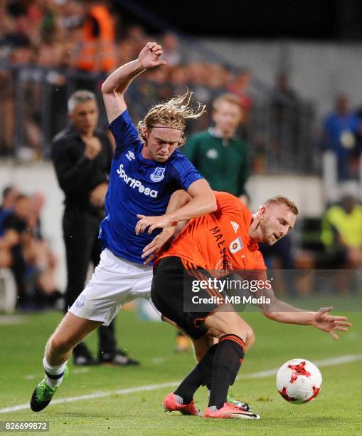 Tom Davies reacts during the UEFA Europa League Qualifier between MFK Ruzomberok and Everton on August 3, 2017 in Ruzomberok, Slovakia.