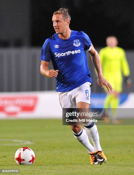 Phil Jagielka reacts during the UEFA Europa League Qualifier between MFK Ruzomberok and Everton on August 3, 2017 in Ruzomberok, Slovakia.