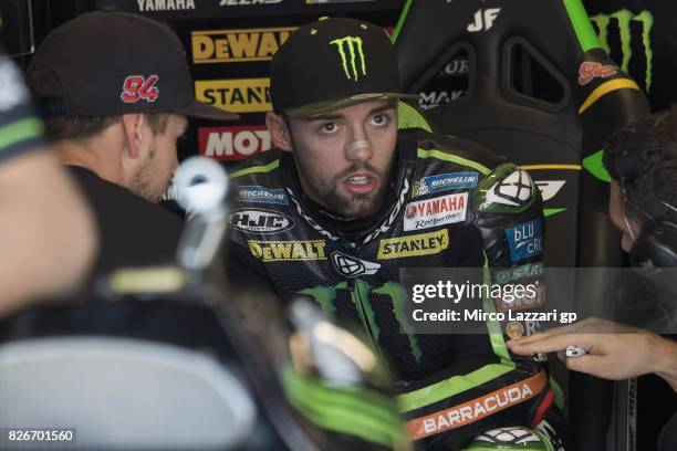 Jonas Folger of Germany and Monster Yamaha Tech 3 looks on in box during the MotoGp of Czech Republic - Qualifying at Brno Circuit on August 5, 2017...