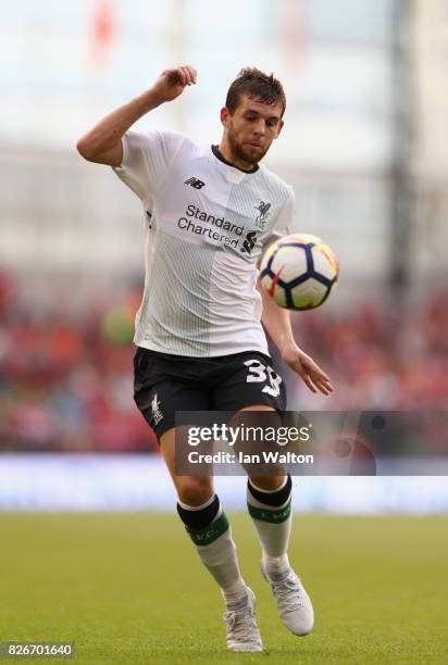 Jon Flanagan of Liverpool in action during the Pre Season Friendly match between Liverpool and Athletic Club at Aviva Stadium on August 5, 2017 in...