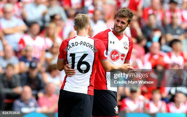 James Ward-Prowse and Jack Stephens during the pre-season friendly between Southampton FC and Sevilla at St. Mary's Stadium on August 5, 2017 in...