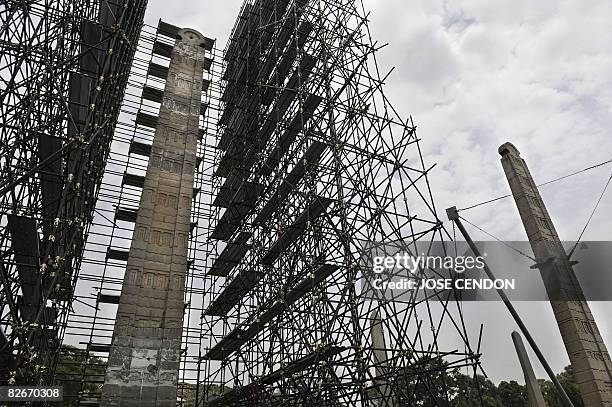 The Axum obelisk is pictured beside another obelisk following its unveiling ceremony on September 4, 2008 in Axum. Ethiopia unveiled the obelisk...